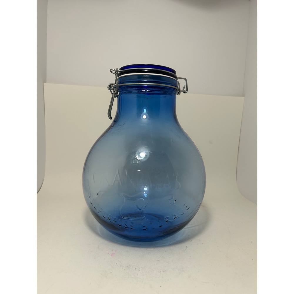 Grandma's All Purpose Storage Blue Glass Jar Wire Bail Flip Top Lid 9.5in